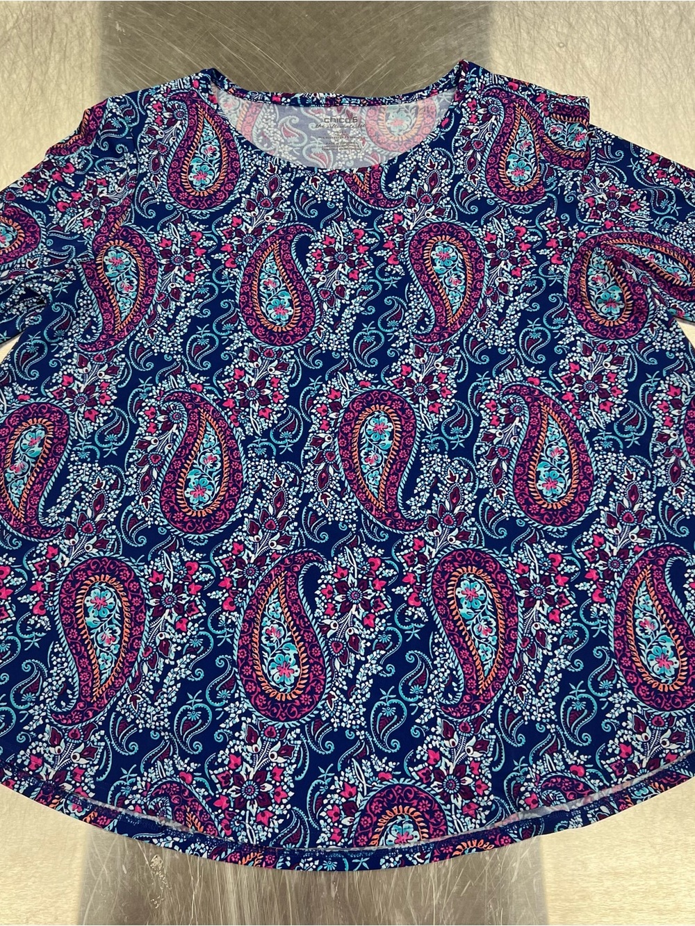 Chico's Navy Paisley Short Sleeve Top with Pink & Teal Accents